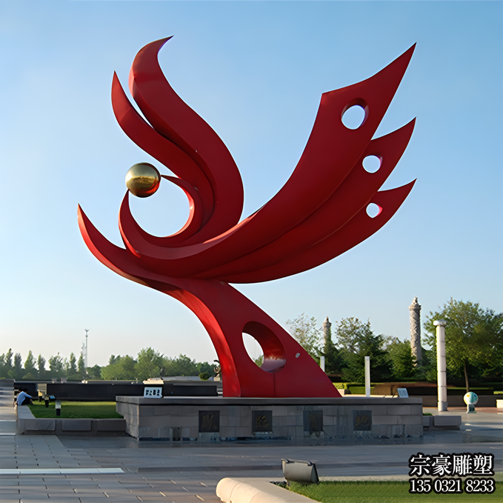 不锈钢抽象凤凰雕塑，红色丹凤朝阳不锈钢景观雕塑