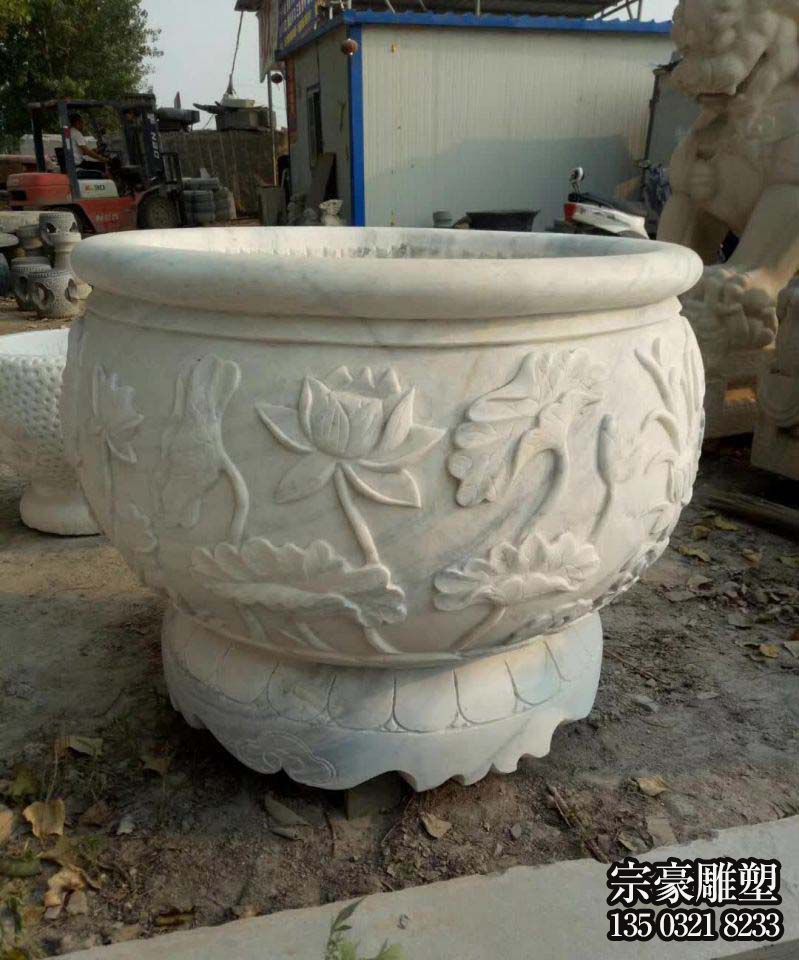 汉白玉石雕水缸雕塑摆件 汉白玉石雕水缸雕塑摆件