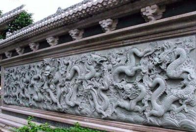古建院落大理石九龙壁石雕屏风、南墙