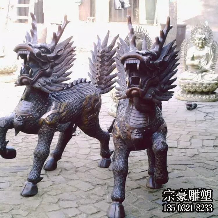 庙宇不锈钢一对奔跑吼叫的麒麟雕塑 庙宇不锈钢一对奔跑吼叫的麒麟雕塑