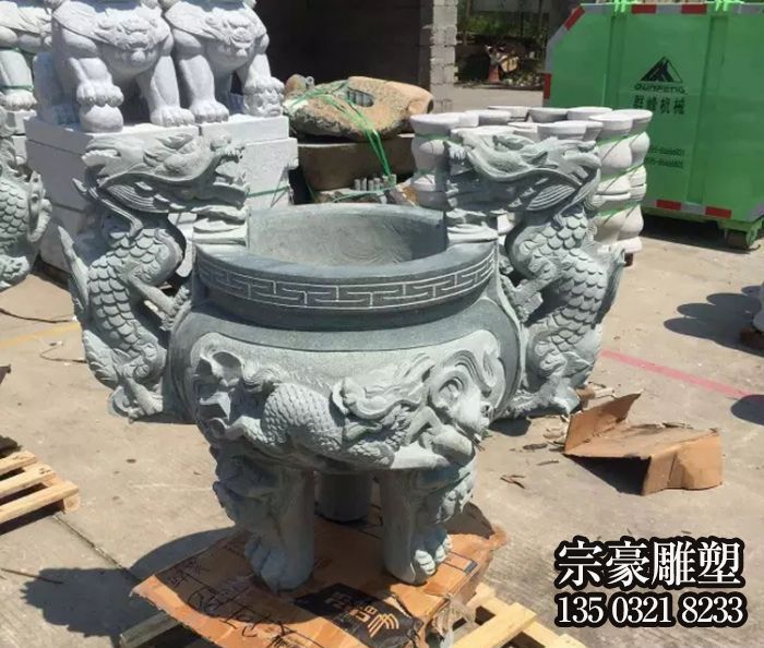 青石浮雕双龙麒麟仿古圆形香炉寺院摆件 青石浮雕双龙麒麟仿古圆形香炉寺院摆件