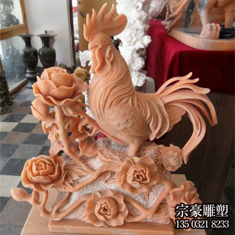 晚霞红生肖鸡石雕摆件